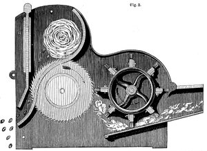 Querschnitt von Eli Whitneys 1765-1825 Säge-Gin zur Reinigung von Baumwolle, 1865