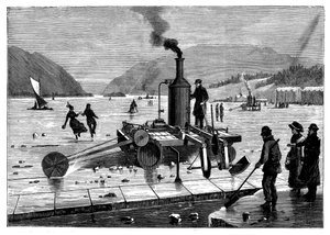 Eis schneiden auf dem St. Lawrence Fluss, Kanada, mit einer dampfbetriebenen Säge