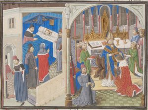Tod von Amalrich I. von Jerusalem. Krönung von Balduin IV. Miniatur aus der Historia von Wilhelm von Tyrus, 1460er von Unbekannt