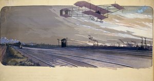 Anfänge der Luftfahrt: Louis Paulhan (1884-1963) überquert eine Eisenbahnstrecke in seinem Doppeldeckerflugzeug während des 300 km langen Rennens London/Manchester am 27. und 28. April 1910