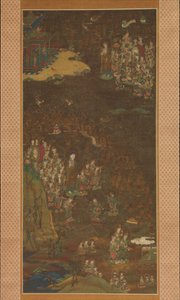 Abstieg und Rückkehr von Amida ins westliche Paradies mit der Seele eines Gläubigen Gosho Mandara, um 1300 von Unbekannt