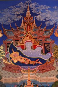 Detail eines Wandgemäldes in der Uposatha (Schreinhalle) des Buddhapadipa-Tempels, Wimbledon, Großbritannien