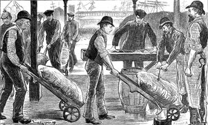 Docker entladen Zucker an den West India Docks, London, 1889