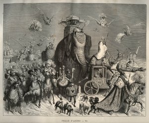 Eselshaut: der Kaross und der Brautzug. Gravur von Gustave Doré (1832-1883) aus „Les contes“ von Charles Perrault (1628-1703)