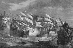 Drake greift das spanische Schatzschiff an, um 1578, um 1880