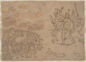 Durga konfrontiert die Armee des Dämons Chikshura: Szene aus dem Devi Mahatmya (ca. 1780)