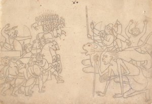 Durga und Kali nähern sich den versammelten Armeen von Chanda und Munda, aus dem Devi Mahatmya, ca. 1780 von Unbekannt