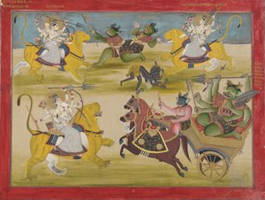 Durga kämpft gegen die Rakshashas Shunga und Nishunga, aus einem Devi Mahatmya, Mitte des 19. Jahrhunderts von Unbekannt