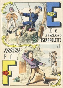 E F: echasses, escarpolette, fronde - Spiele Alphabet, ca. 1890