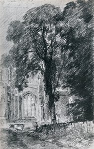 East Bergholt Kirche: Teil des Westendes hinter einer Gruppe von Ulmen, 1812, 1925 von Unbekannt