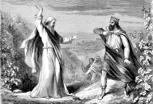 Elia, Prophet des Alten Testaments, verurteilt Ahab, den Götzenkönig von Israel, im Weinberg von Naboth