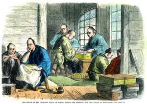 Gesandte des japanischen Prinzen von Nagato zahlen die Entschädigung für die Angelegenheit von Simonosaki, 1865 von Unbekannt