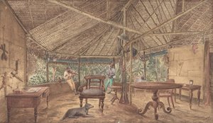 Europäische Männer in einer afrikanischen Dschungelhütte, 1886