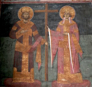 Erhöhung des Kreuzes. Heilige Konstantin der Große und Helena, um 1350 von Unbekannt