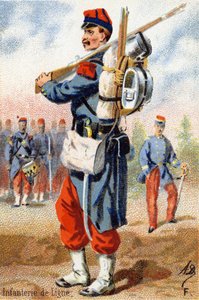 F: Linieninfanterie. Gravur in "Militäralphabet". Initialen des Illustrators: A. D. Unbekannter Herausgeber. Chromolithographien Ende des 19. Jahrhunderts.