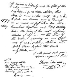 Faksimile einer Erklärung über die Nahrungsmittelknappheit in Amerika, 1779 um 1880