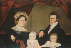 Familiengruppe von vier auf einem Sofa, ca. 1830er Jahre