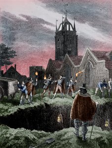 Füllen eines Massengrabs bei Nacht während der Pest in London, um 1665