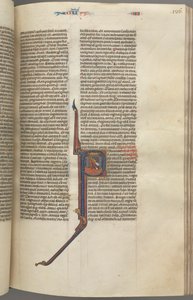 Fol. 136r, Könige IV, historisierte Initiale P, Ahasja fällt von einem Turm, um 1275-1300 von Unbekannt