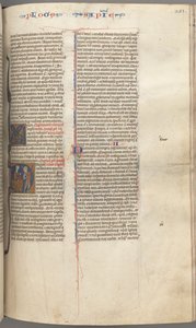 Fol. 251 r, Weisheit, historisierte Initiale D, Salomo unterweist einen Soldaten, ca. 1275-1300