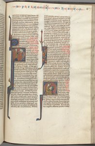 Fol. 459r, Philemon, historiierte Initiale P, Paulus spricht zu drei Männern und Hebräern..., ca. 1275-1300