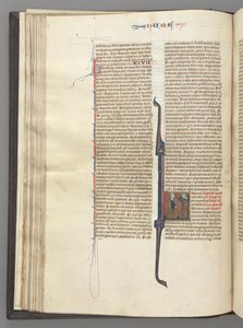 Fol. 46v, Numeri, historisierte Initiale L, Moses mit Hörnern, kniend vor Gott, um 1275-1300 von Unbekannt
