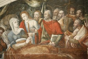 Abtei Fontevraud, Kapitelsaal: Tod Marias (Detail) gemalt von Thomas Pot um 1563, Fontevraud, Frankreich