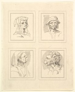 Vier Köpfe aus Karikaturen von Leonardo da Vinci, nach Zeichnungen von Wincelslaus Hollar