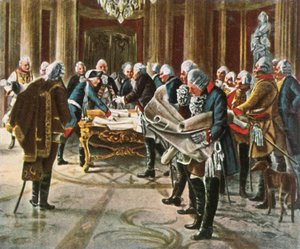 Friedrich der Große hält einen Kriegsrat mit seinen Generälen, August 1756, 1936 von Unbekannt