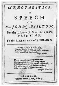 Pressefreiheit: Titelseite der Areopagitica von John Milton, 1644, 1956 von Unbekannt