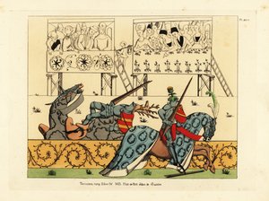 Französischer Ritter Jean de Saintre im Helm mit Distelwappen besiegt den spanischen Ritter Enguerrant im Helm mit Hirschwappen in einem Turnier aus dem Manuskript Histoire de Petit Jehan de Saintre, Ende des 15. Jahrhunderts von Unbekannt
