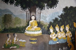 Fresko, das eine Szene aus dem Leben Buddhas darstellt, Wat Phra Doi Suthep, Chiang Mai, Thailand