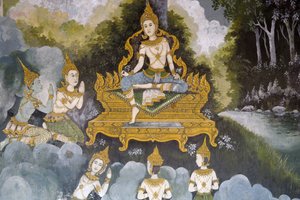 Fresko, das eine Szene aus dem Leben des Buddha darstellt, Wat Phra Doi Suthep, Chiang Mai, Thailand