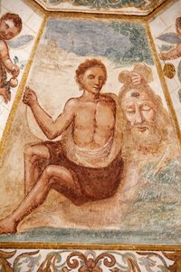 Fresko in der Dominikanerkirche, Muro Leccese, Apulien: Mann, der den Kopf von Johannes dem Täufer hält, Muro Leccese, Italien