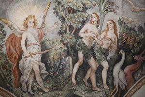 Fresko in der Maglie Kirche: Adam und Eva aus dem Himmel vertrieben, Maglie, Italien