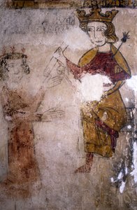 Fresko des Ferrande-Turms in Pernes-les-Fontaines (Pernes les Fontaines, Vaucluse (84)) aus dem 13. Jahrhundert: Karl I. von Anjou (1227-1285), dem der Leichnam von Manfred I. von Sizilien oder Hohenstaufen (ca. 1232-1266) gebracht wird. von Unbekannt