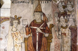 Fresko des Ferrande-Turms in Pernes-les-Fontaines (Pernes les Fontaines, Vaucluse (84)) aus dem 13. Jahrhundert: Karl I. von Anjou (1226-1285) wurde am 28.06.1265 von Papst Clemens IV. (ca. 1195-1268) im Königreich Sizilien investiert. von Unbekannt