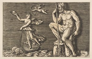 Galatea entkommt Polyphemus, er sitzt auf einem Felsen und hält einen Stab und Pfeifen, ca. 1515-1600 von Unbekannt