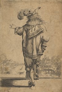 Herr von hinten gesehen, der auf eine Landschaft hinweist, nach 1629