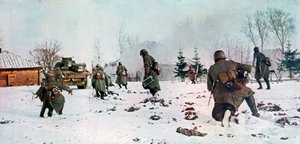 Deutsche Infanteristen folgen einem Panzer in Richtung Moskau im Schnee, Russland von Unbekannt