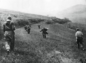 Deutsche Truppen kapitulieren vor Soldaten der amerikanischen 1. Armee, nahe Elsborn, Deutschland, April 1945 von Unbekannt