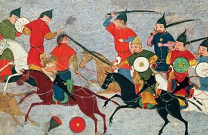 Dschingis Khan im Kampf. Miniatur aus Jami al-tawarikh Universalgeschichte, ca. 1430