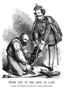 Giuseppe Garibaldi hilft Viktor Emanuel II., den Stiefel Italiens anzuziehen, 1860 von Unbekannt