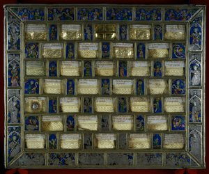 Goldschmied: Staurothek oder gotisches Reliquiar aus dem 14. Jahrhundert in Form von Schachspielen Karls des Großen, Silber, Gold und Emaille, hergestellt in Montpellier. Roncesvalles, Navarra, Spanien. von Unbekannt