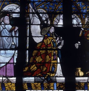 Gotische Architektur. Glasmalerei des Engels der Verkündigung, Detail des Engels, um 1450, vom Meister von Jacques Coeur (Jacob de Littem). Kathedrale von Bourges. von Unbekannt