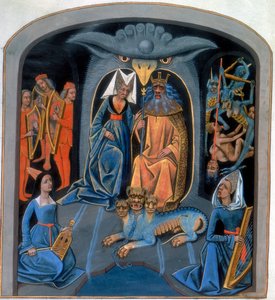 Griechische Götter Pluto und Persephone sitzen mit Cerberus, dem dreiköpfigen Hund, 15. Jahrhundert