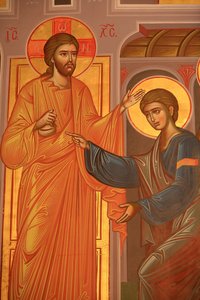 Griechisch-orthodoxe Ikone, die Christus zeigt, wie er seine Wunden zeigt, Thessaloniki, Griechenland