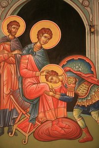 Griechisch-orthodoxe Ikone, die den Heiligen Nestor und den Heiligen Dimitrios darstellt, Thessaloniki, Griechenland