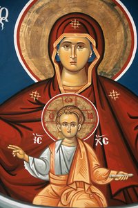 Griechisch-orthodoxe Ikone, die die Jungfrau und das Kind darstellt, Thessaloniki, Griechenland