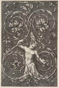 Groteske mit männlicher Figur mit Unterkörper und Kopf aus Akanthusranken, ca. 1515-1600 von Unbekannt